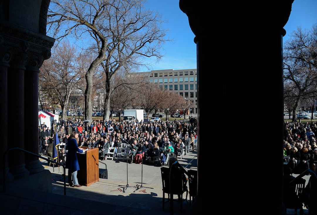 (Francisco Kjolseth  |  The Salt Lake Tribune) Erin Mendenhall makes remarks on the steps of Salt Lake City Hall after being sworn in as the city's new Mayor on Monday, Jan. 6, 2020.