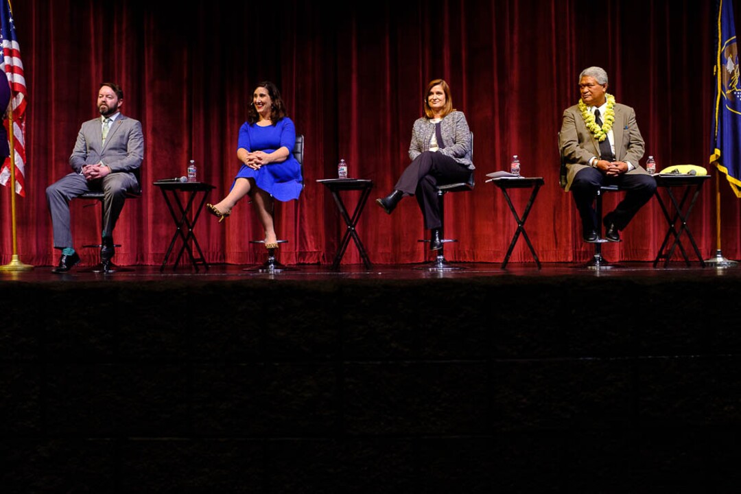 (Trent Nelson | The Salt Lake Tribune)  The four candidates for Salt Lake County mayor face off in a debate at Jordan High School in Sandy on Thursday Jan. 24, 2019. From left, Arlyn Bradshaw, Shireen Ghorbani, Jenny Wilson, and Stone Fonua.