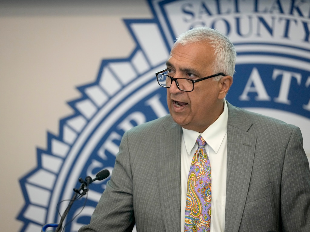 (Bethany Baker | Salt Lake Tribune) Salt Lake County District Attorney Sim Gill speaks during a 2023 news conference. He announced Thursday that his office will soon decide whether to file charges in fatal "No Kings" protest shooting.