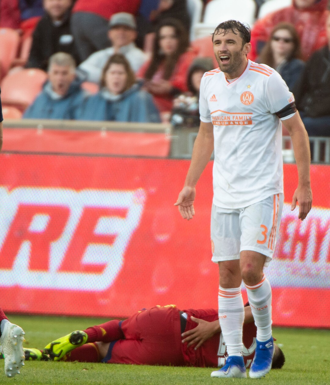 (Rick Egan  |  The Salt Lake Tribune).  Atlanta United defender Michael Parkhurst (3) reacts after receiving a yellow card in MLS soccer action between Real Salt Lake and Atlanta United at Rio Tinto Stadium in Sandy, Friday, May 24, 2019.