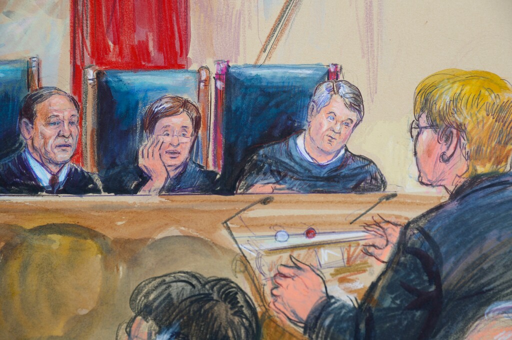 (Dana Verkouteren via AP) This courtroom sketch depicts Attorney Brenda G. Bryn, far right, speaking in front of from l-r, Associate Justice Samuel Alito Jr., Associate Justice Elena Kagan and Associate Justice Brett Kavanaugh, at the Supreme Court in Washington, Tuesday, Oct. 9, 2018.