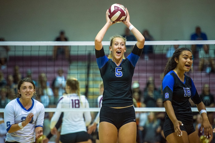 (Chris Detrick  |  The Salt Lake Tribune)  Pleasant Grove's Heather Gneiting (5) celebrates winning a point during the volleyball match at Lone Peak High School Tuesday, September 5, 2017. 