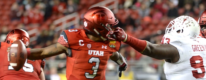 Steve Griffin / The Salt Lake Tribune

Utah Utes quarterback Troy Williams (3) heads spins back Indiana Hoosiers defensive lineman Ralph Green III (93) grabs his face mask during the Foster Farms Bowl at Levi's Stadium in Santa Clara California  Wednesday December 28, 2016. 