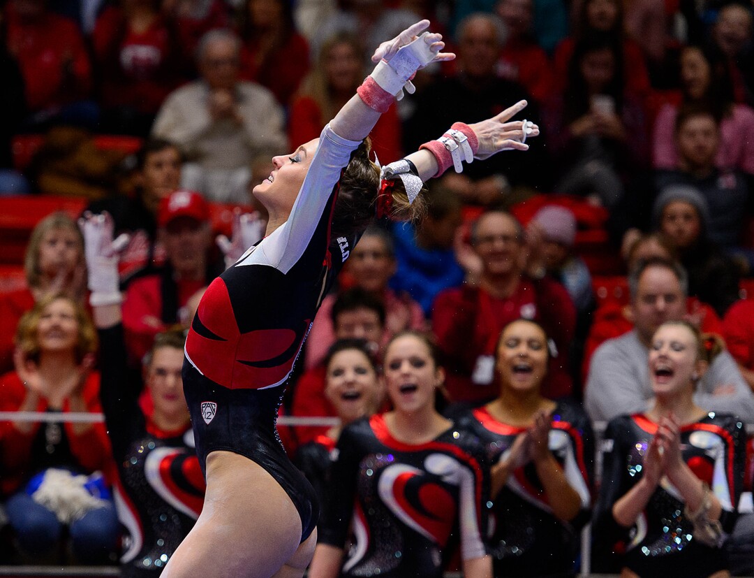 Trent Nelson  |  The Salt Lake TribuneUtah's Tiffani Lewis competes on the bars as the University of Utah hosts Arizona, NCAA gymnastics at the Huntsman Center in Salt Lake City, Monday February 1, 2016.