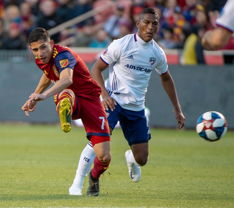 (Rick Egan  |  The Salt Lake Tribune)   Real Real forward Jefferson Savarino (7) scores a goal for Salt Lake, in MLS action between Real Salt Lake and FC Dallas, at Rio Tinto Stadium, Saturday, March 30, 2019.