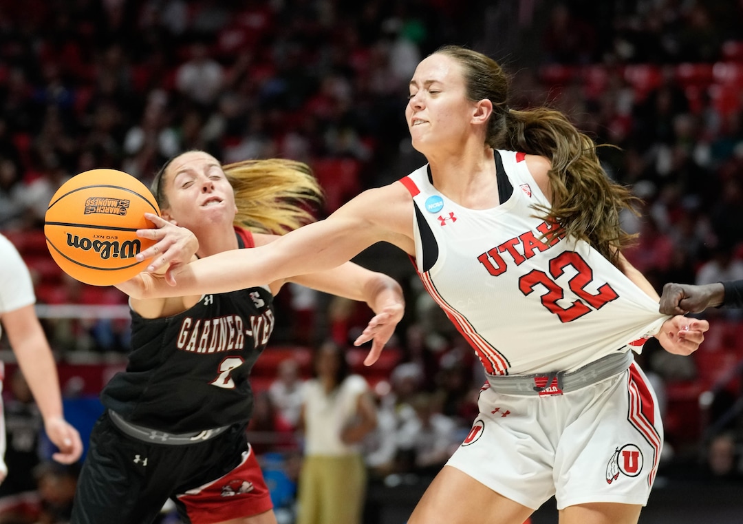 (Francisco Kjolseth | The Salt Lake Tribune) Gardner-Webb Runnin' Bulldogs guard Lauren Bevis (2) and Utah Utes forward Jenna Johnson (22) battle for possession of a first-round college basketball game in the NCAA Tournament, Friday, March 17, 2023, in Salt Lake City, Utah.