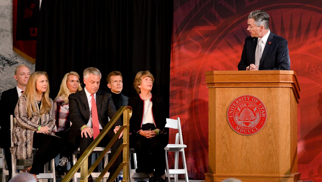 (Leah Hogsten  |  The Salt Lake Tribune) Dr. Michael L. Good, CEO of University of Utah Health, dean of the University of Utah School of Medicine and the senior vice president of Health Sciences, thanks Karen Huntsman and the Huntsman family on Monday, Nov. 4, 2019 for their donation of $150 million. The major gift will create the Huntsman Mental Health Institute to bolster the existing University Neuropsychiatric Institute and psychiatry department.