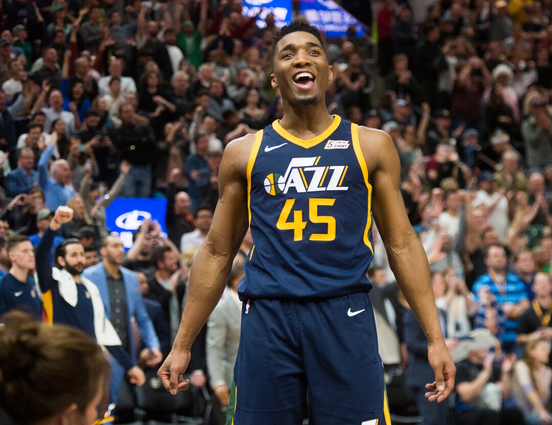 (Rick Egan  |  The Salt Lake Tribune)   Utah Jazz guard Donovan Mitchell (45) celebrates after the Jazz defeated the Cavaliers 104-101, in NBA action Utah Jazz vs Cleveland Cavaliers. Mitchell finished with 29 points, in Salt Lake City,  Saturday, December 30, 2017.