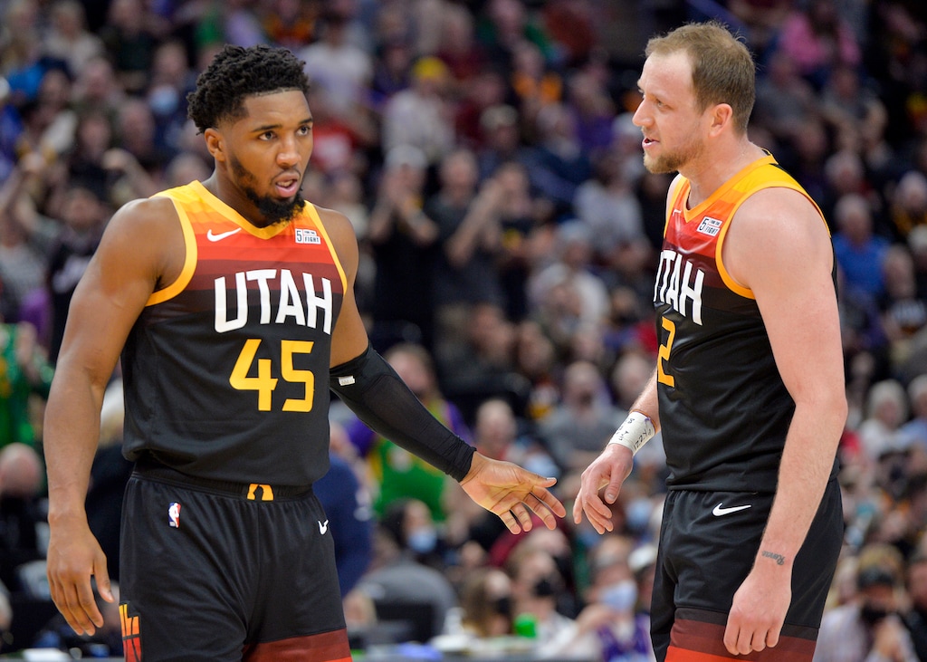 (Chris Samuels | The Salt Lake Tribune) Guard Donovan Mitchell (45) and guard Joe Ingles (2) as the Utah Jazz play the Dallas Mavericks at Vivint Arena Saturday, Dec. 25, 2021.