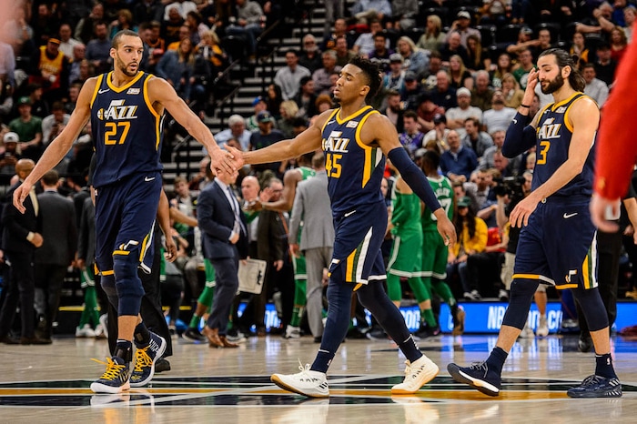 (Trent Nelson | The Salt Lake Tribune)  
Utah Jazz vs. Boston Celtics, NBA basketball in Salt Lake City, Wednesday March 28, 2018. Utah Jazz center Rudy Gobert (27), Utah Jazz guard Donovan Mitchell (45), and Utah Jazz guard Ricky Rubio (3) at halftime.