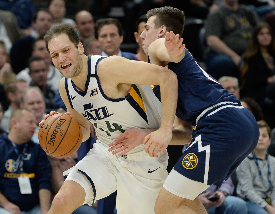(Francisco Kjolseth  |  The Salt Lake Tribune) Utah Jazz forward Bojan Bogdanovic (44) is pressured by Denver Nuggets forward Vlatko Cancar (31) as the Utah Jazz host the Denver Nuggets in their NBA basketball game at Vivint Smart Home Arena in Salt Lake City on Wednesday, Feb. 5, 2020.