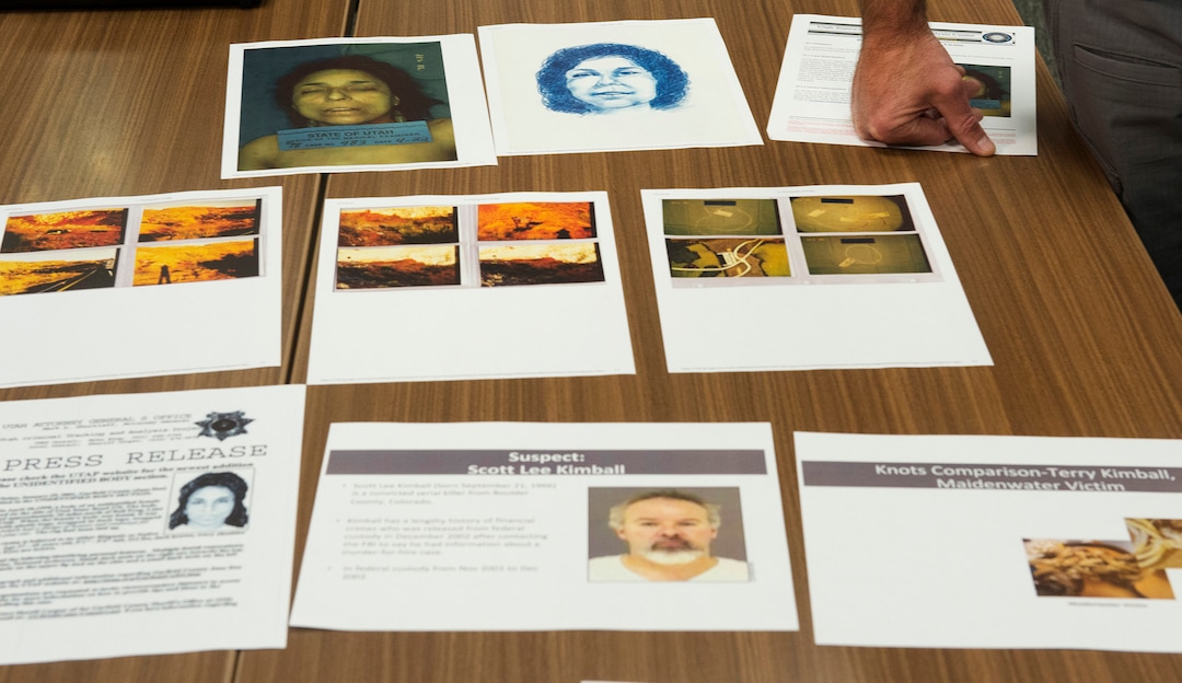 (Rick Egan  |  The Salt Lake Tribune)   Agent Brian Davis, from the Department of Public Safety, displays photos of the victim, as he asks for the public’s help identifying a murder victim in a cold case homicide from April 1998, during a news conference, Tuesday, Oct. 2, 2018.