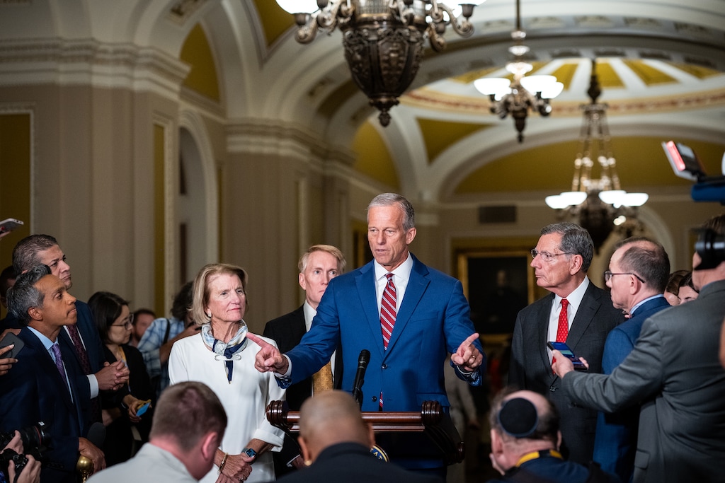 (Haiyun Jiang |The New York Times) Senate Majority Leader John Thune (R-S.D.) speaks at a news conference on Capitol Hill in Washington on Aug. 4, 2026.