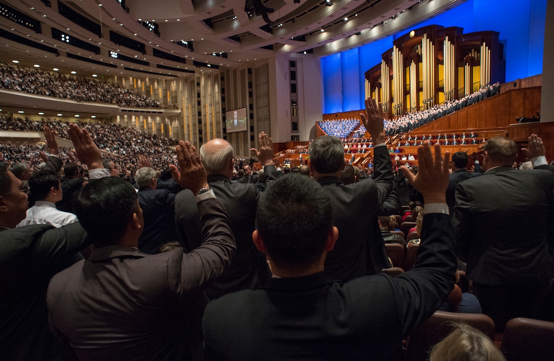 (Rick Egan  |  The Salt Lake Tribune)         Melchizedek priesthood raise their right hands as they sustain President Russell M. Nelson and the first presidency of the church, during a  Solemn Assembly in the Saturday morning session of the 188th Annual General Conference in Salt Lake City,  Saturday, March 31, 2018.