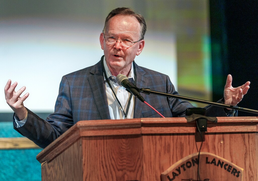 (Leah Hogsten | The Salt Lake Tribune) Senate President Stuart Adams, R-Layton talks about rejecting mandatory vaccines at the Utah Republican Party's Central Committee meeting, Sept. 18, 2021 at Layton High School. 