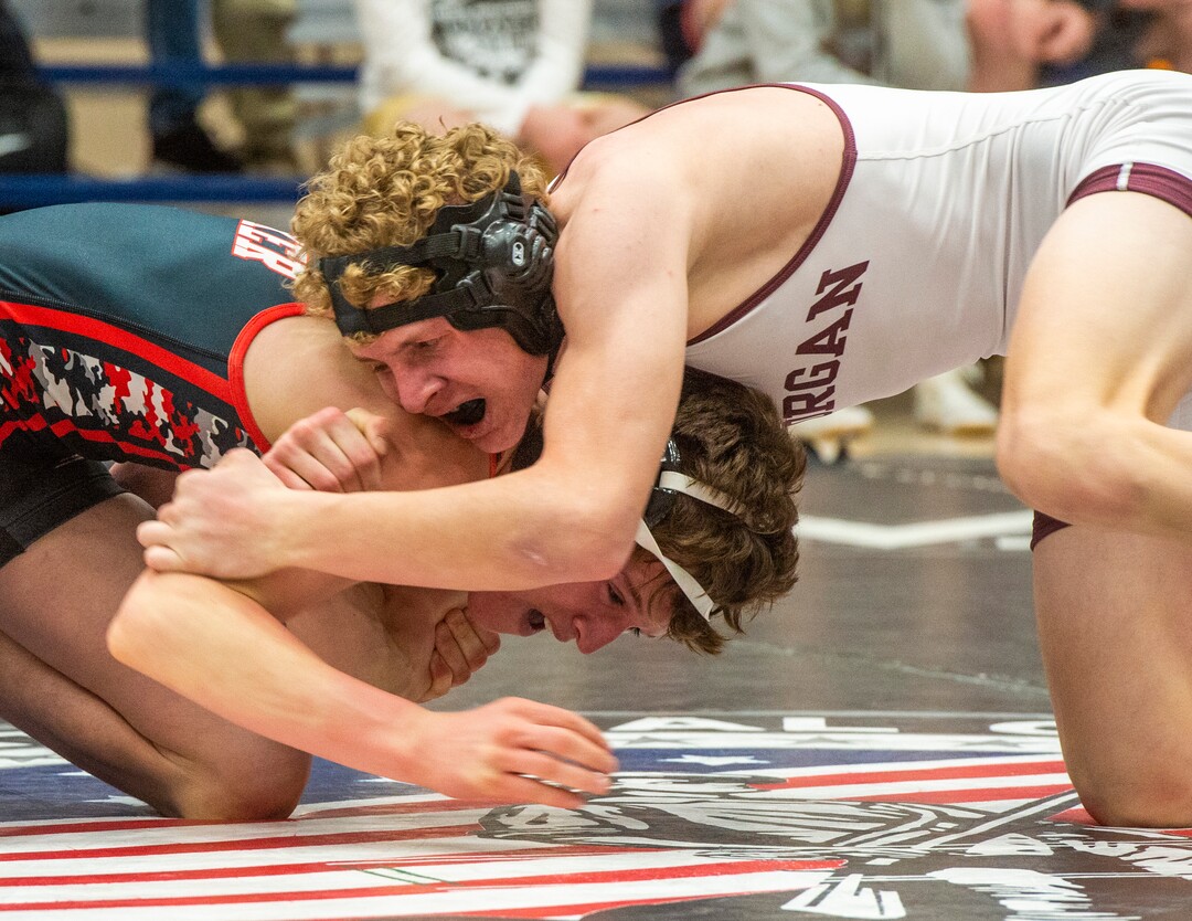 (Rick Egan | The Salt Lake Tribune) Blake Woolsey (Morgan) wrestles Dallan Hunsaker (AF) 120 division at the High School All Star wrestling event in Orem, on Tuesday, Jan. 12, 2021.