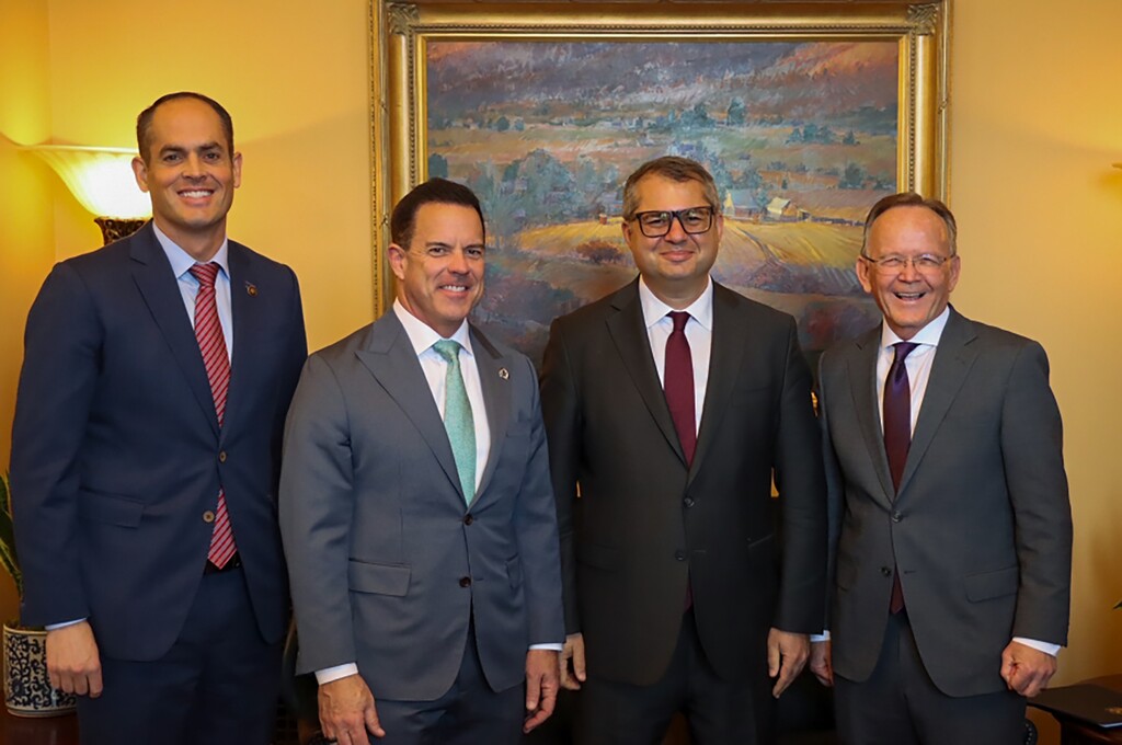 (Azerbaijan State News Agency AZERTAC) From left, Sen. Mike McKell, R-Spanish Fork, House Speaker Brad Wilson, R-Kaysville, Azerbaijani Ambassador to the United States Khazar Ibrahim and Senate President Stuart Adams, R-Layton, pose for a photograph at the State Capitol in Salt Lake City in January. The visit from Ibrahim, as well as a spiritual leader from Azerbaijan, was portrayed in Azeri state-run media as an endorsement by Utah leaders of the Caucasus nation's actions in the face in international scrutiny.