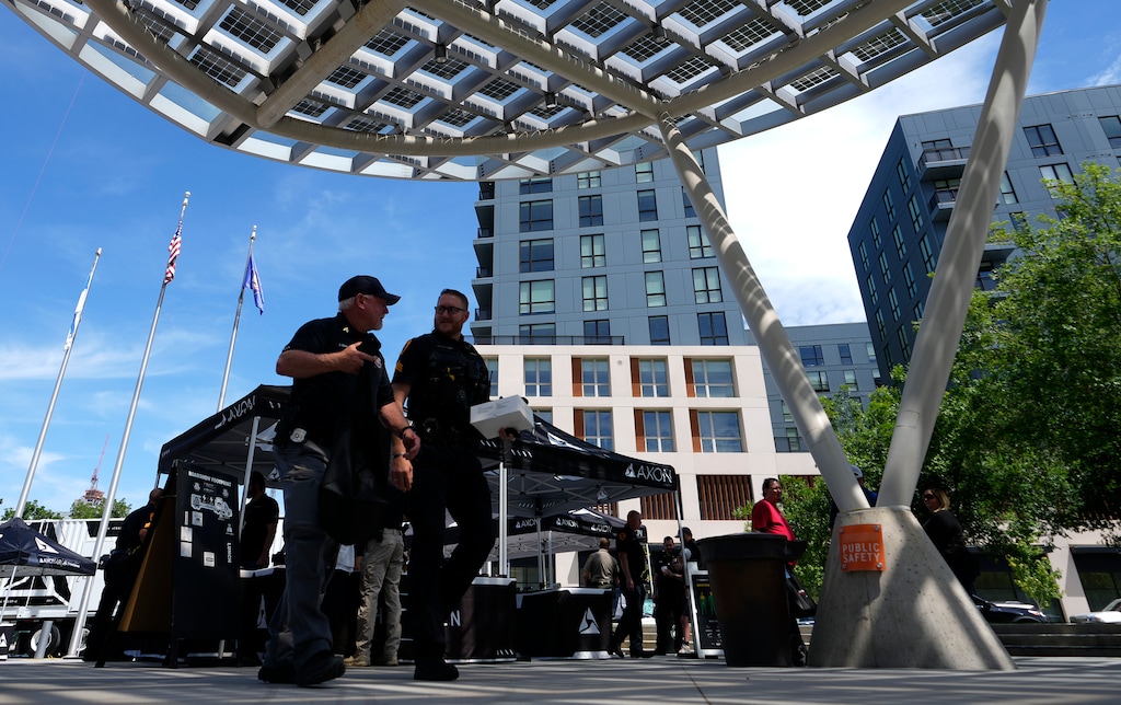 (Leah Hogsten | The Salt Lake Tribune) Salt Lake Police Department officers were treated to demonstrations of AXON's public safety products at Salt Lake headquarters, including the Taser 10 that the department has acquired, June 22, 2023.