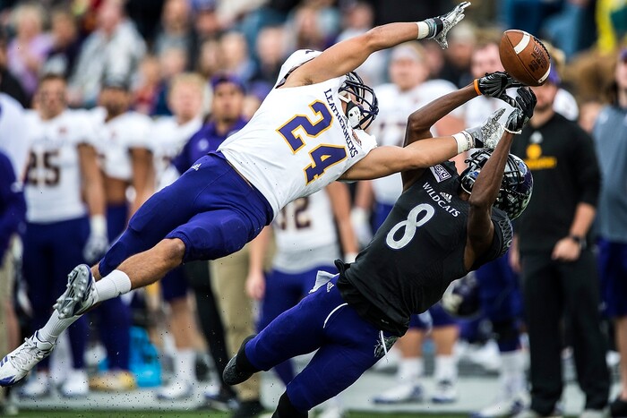 (Chris Detrick  |  The Salt Lake Tribune)  Weber State Wildcats wide receiver Rashid Shaheed (8) can't make a catch while being covered by Western Illinois Leathernecks defensive back Mike Viti (24) during the game at Stewart Stadium Saturday, November 25, 2017.  