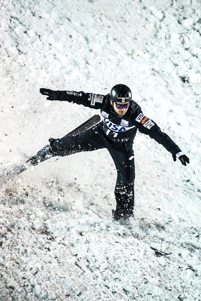 (Chris Detrick  |  The Salt Lake Tribune)  USA's Jonathon Lillis (11) competes in the Men's Aerial Finals during the FIS Visa Freestyle International Ski World Cup at Deer Valley Resort Friday, January 12, 2018.  Lillis finished in sixth place with a score of 72.85.