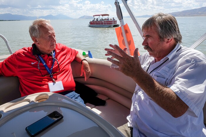 (Francisco Kjolseth | The Salt Lake Tribune) Rep. Mike Noel, R-Kanab, left, speaks with Theron Miller of the Wasatch Front Water Quality Council during a recent tour of Utah Lake. Members of the Legislative Water Development Commission take a tour of Utah Lake on Wednesday, Sept. 13, 2017, for the purpose of learning of wastewater treatment, the importance of protecting our lakes and rivers, how the state is looking to change water quality standards and how regulation is an important local issue.