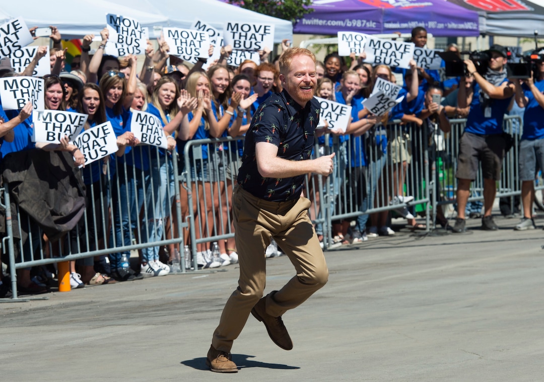(Rick Egan  |  The Salt Lake Tribune)      Jesse Tyler Ferguson get the crowd going while filming an episode for the TV show "Extreme Makeover: Home Edition" in Ogden, Thursday, Aug. 15, 2019.
