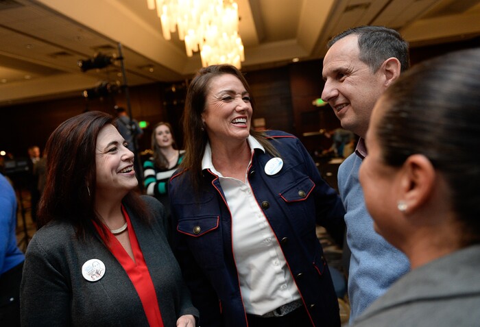 (Francisco Kjolseth  |  The Salt Lake Tribune)  Michelle Kaufusi, center, celebrates her win as Provo mayor at the Provo Marriott Hotel & Conference Center Tuesday, Nov. 7, 2017. 