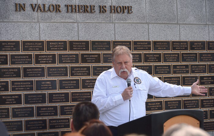 (Scott Sommerdorf | The Salt Lake Tribune)
Salt Lake Tribune columnist Robert Kirby spoke at the Utah Law Enforcement Memorial, Thursday, May 3, 2018.
No Utah law enforcement officer died in the line of duty last year.