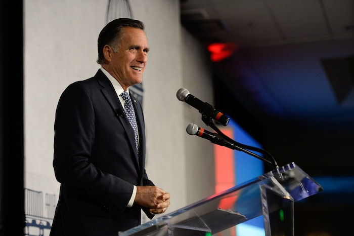 (Francisco Kjolseth  |  The Salt Lake Tribune)  Mitt Romney speaks at the Utah Economic Outlook & Policy Summit 2018, hosted by the Salt Lake Chamber at the Salt Lake City Marriott Downtown at City Creek on Tuesday, Jan. 16, 2018. 