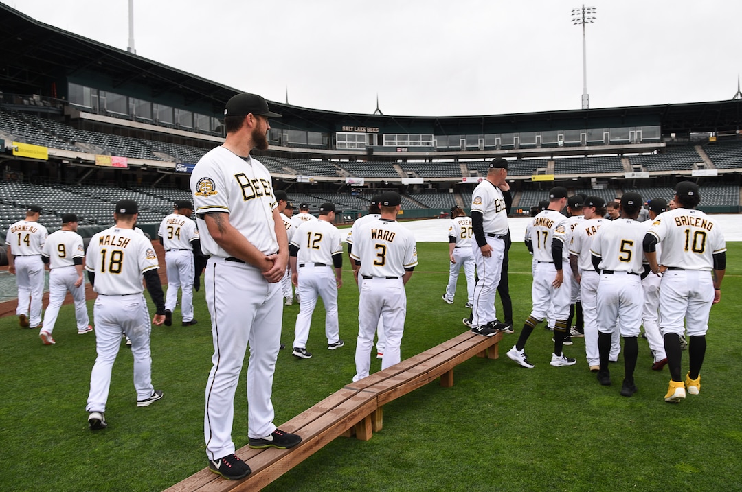 (Francisco Kjolseth  |  The Salt Lake Tribune)  The Salt Lake Bees quickly disperse following a group portrait for the start of their season during Media Day on Tuesday, April 2, 2019. 