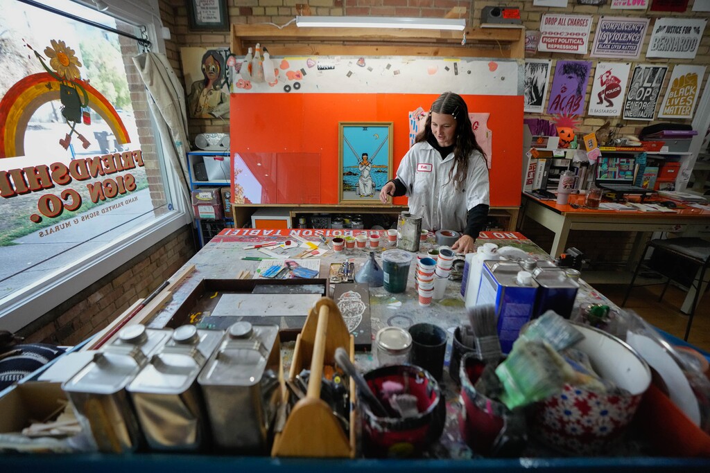 (Francisco Kjolseth | The Salt Lake Tribune) Artist Shley Kinser works in her downtown Salt Lake City studio on Tuesday, Sept. 17, 2024.