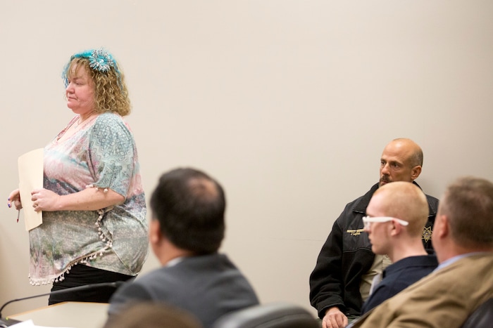 Sue Bryan, the mother of Jchandra Brown, walks by Tyerell Przybycien, lower right, during his sentencing in the 4th District Court on Friday, Dec. 7, 2018, in Provo.