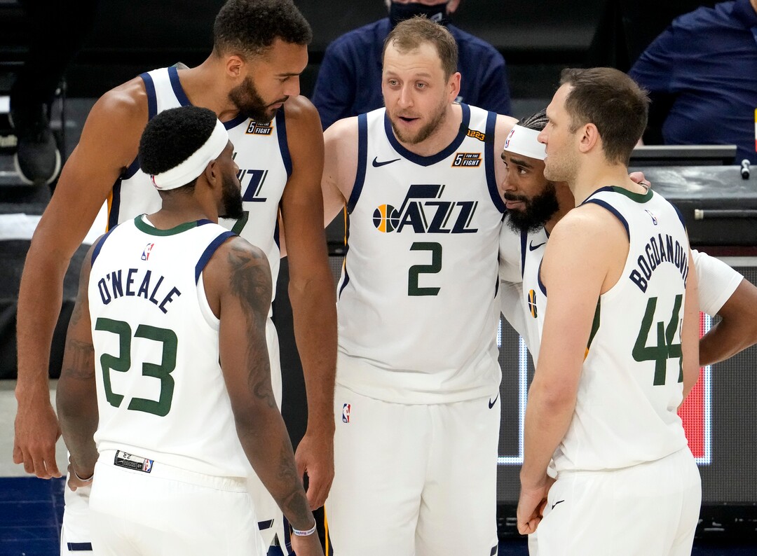 (Leah Hogsten | The Salt Lake Tribune) Utah Jazz forward Royce O'Neale (23), Utah Jazz center Rudy Gobert (27), Utah Jazz guard Mike Conley (10) andUtah Jazz forward Bojan Bogdanovic (44) listen to Utah Jazz guard Joe Ingles (2) during the second half as the Utah Jazz take on the Memphis Grizzlies during Game 1 of the first-round playoffs at Vivint Arena, May 23, 2021.