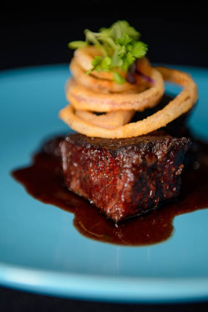 (Trent Nelson | The Salt Lake Tribune)  
Costillas (grass fed, smoked Niman Ranch short ribs, blackberry bbq sauce, fried onions) at Element Bistro, a new small plates restaurant in Cottonwood Heights, Tuesday May 8, 2018.