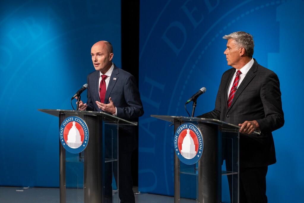 (Isaac Hale | Pool) Gov. Spencer Cox speaks as he debates with Rep. Phil Lyman during a gubernatorial GOP primary debate held at the Eccles Broadcast Center in Salt Lake City on Tuesday, June 11, 2024.