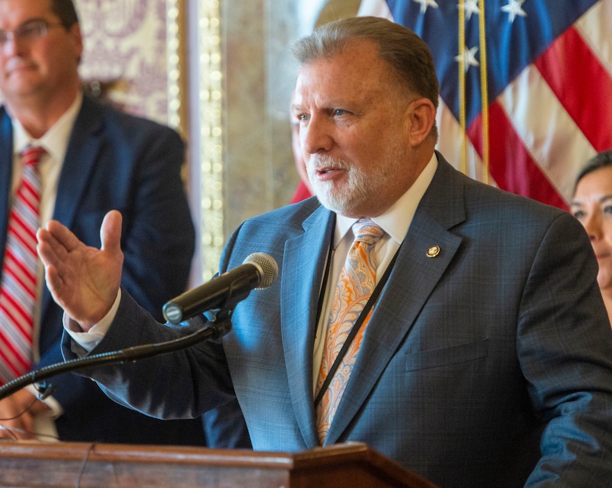 (Rick Egan  |  The Salt Lake Tribune)     Sen. Curtis Bramble, R-Provo, comments on how State lawmakers have reached a tentative accord with the anti-gerrymandering group trying to protect Proposition 4, the voter-approved initiative to create an independent redistricting commission, during a news conference at the Capitol, Thursday, Feb. 27, 2020.