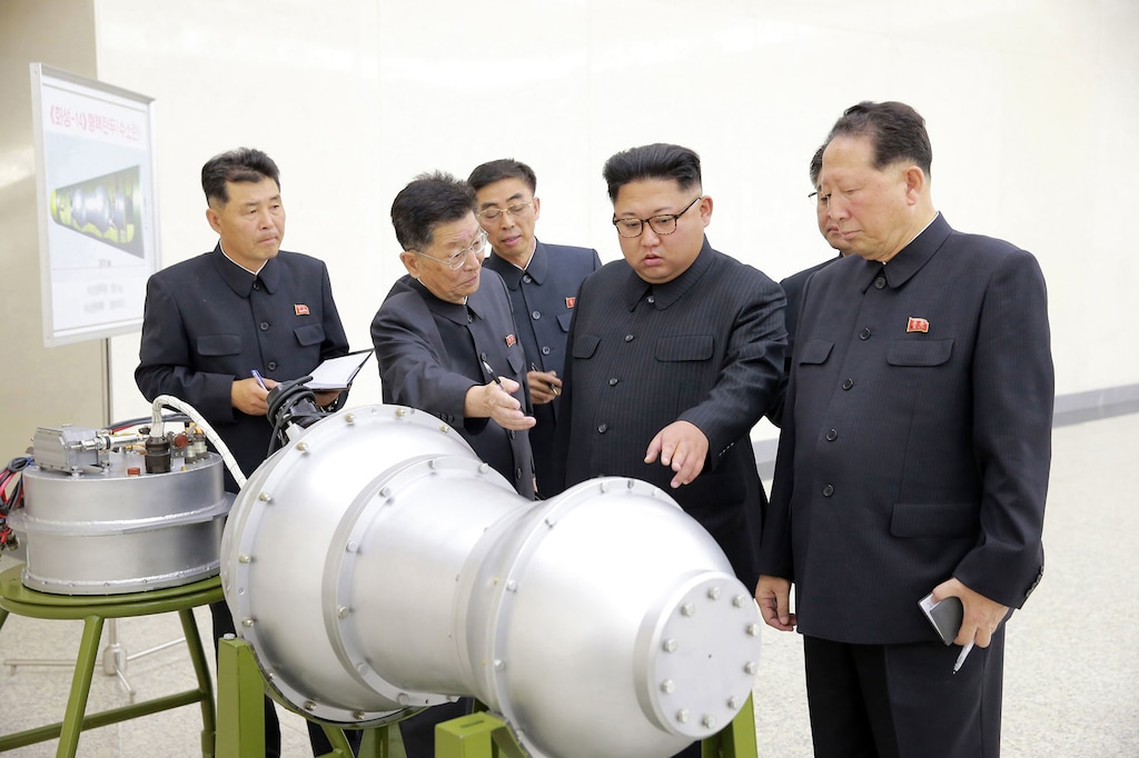 (Korean Central News Agency | Korea News Service via AP) In this undated image distributed on Sunday, Sept. 3, 2017, by the North Korean government, shows North Korean leader Kim Jong Un at an undisclosed location. North Korea’s state media on Sunday, Sept 3, 2017, said leader Kim Jong Un inspected the loading of a hydrogen bomb into a new intercontinental ballistic missile, a claim to technological mastery that some outside experts will doubt but that will raise already high worries on the Korean Peninsula. Independent journalists were not given access to cover the event depicted in this image distributed by the North Korean government. The content of this image is as provided and cannot be independently verified.