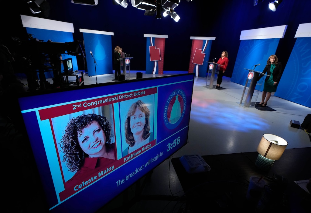 (Francisco Kjolseth  |  The Salt Lake Tribune) Candidates Celeste Maloy and Kathleen Riebe, running in the Special Election for the Second Congressional District in Utah, get ready to debate at the KUED studios on the University of Utah campus on Thursday, Oct. 26, 2023.