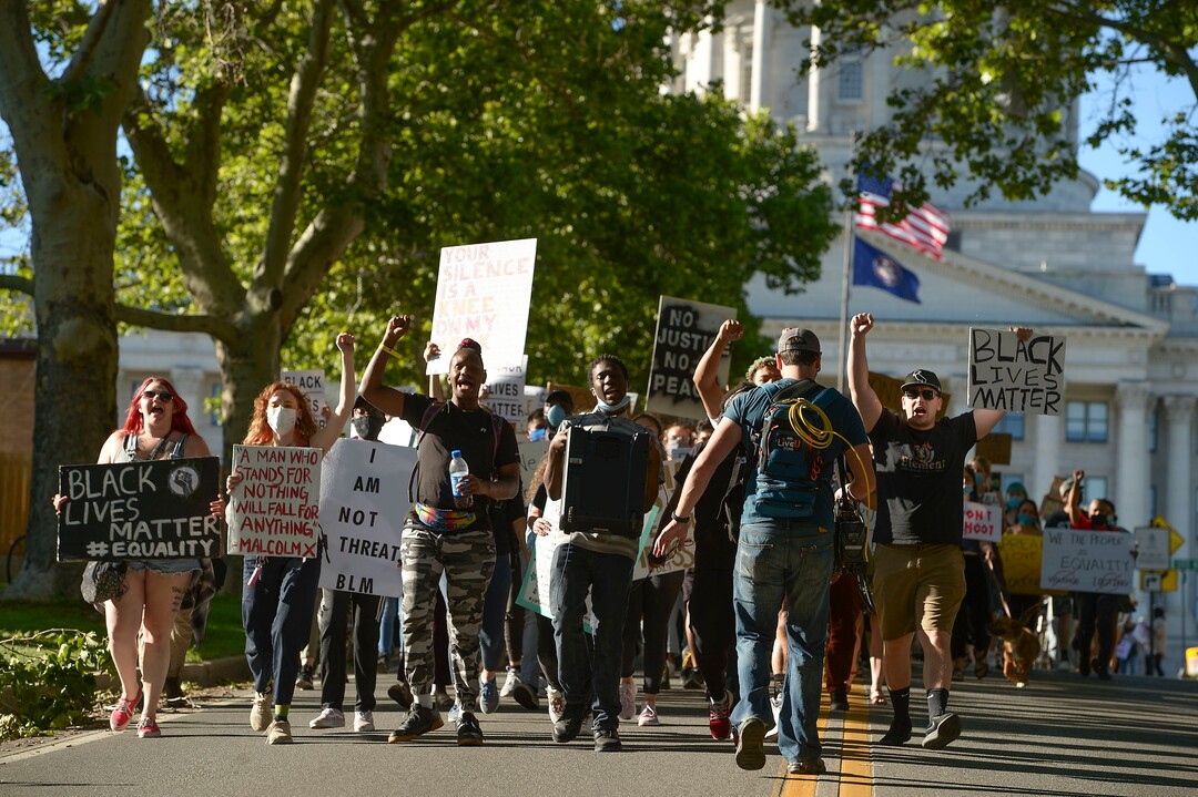 (Leah Hogsten  |  The Salt Lake Tribune) The Party for Socialism and Liberation Salt Lake walks from the Utah Capitol to the Wallace Bennett Federal Building to join forces with another protest group Salt Lake Equal Rights Movement, June 9, 2020. 