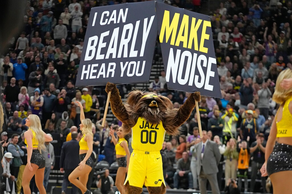 The Utah Jazz Bear shows his support during the second half of an NBA basketball game against the Atlanta Hawks Friday, Feb. 3, 2023, in Salt Lake City. (AP Photo/Rick Bowmer)