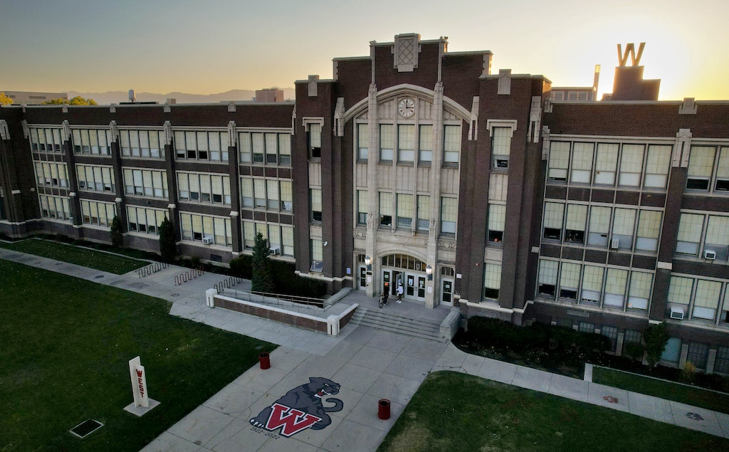 (Francisco Kjolseth | The Salt Lake Tribune) West High School is pictured on Thursday, Sept. 12, 2024. A $730 million bond is being put before voters to modernize the aging school along with Highland High School.