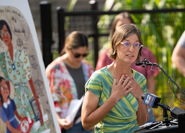 (Francisco Kjolseth | The Salt Lake Tribune) Ashely Patterson, Executive Director of Wasatch Community Gardens gives a sincere thanks to all the people involved in creating Salt Lake City’s newest community garden at Richmond Park on Wednesday, Aug. 4, 2021.