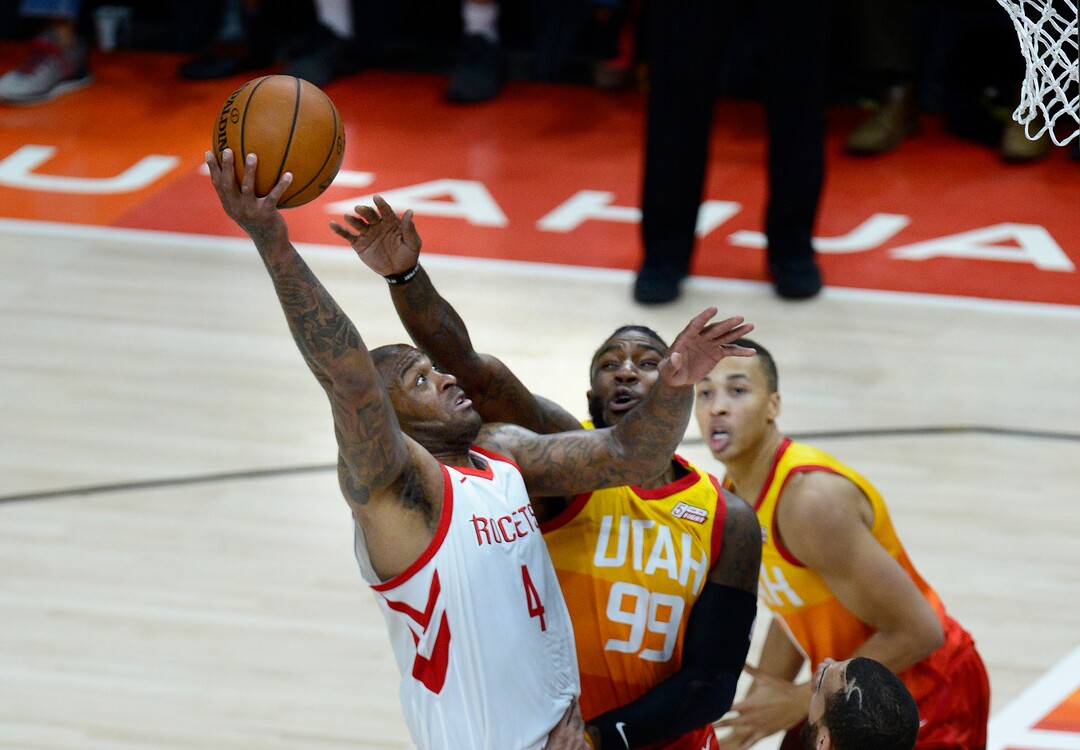 (Scott Sommerdorf | The Salt Lake Tribune)Utah Jazz forward Jae Crowder (99) tries to block the shot of Houston Rockets forward PJ Tucker (4) during first half play. The Houston Rockets led the Utah Jazz 70-40 at the half of game 3, Friday, May 4, 2018.