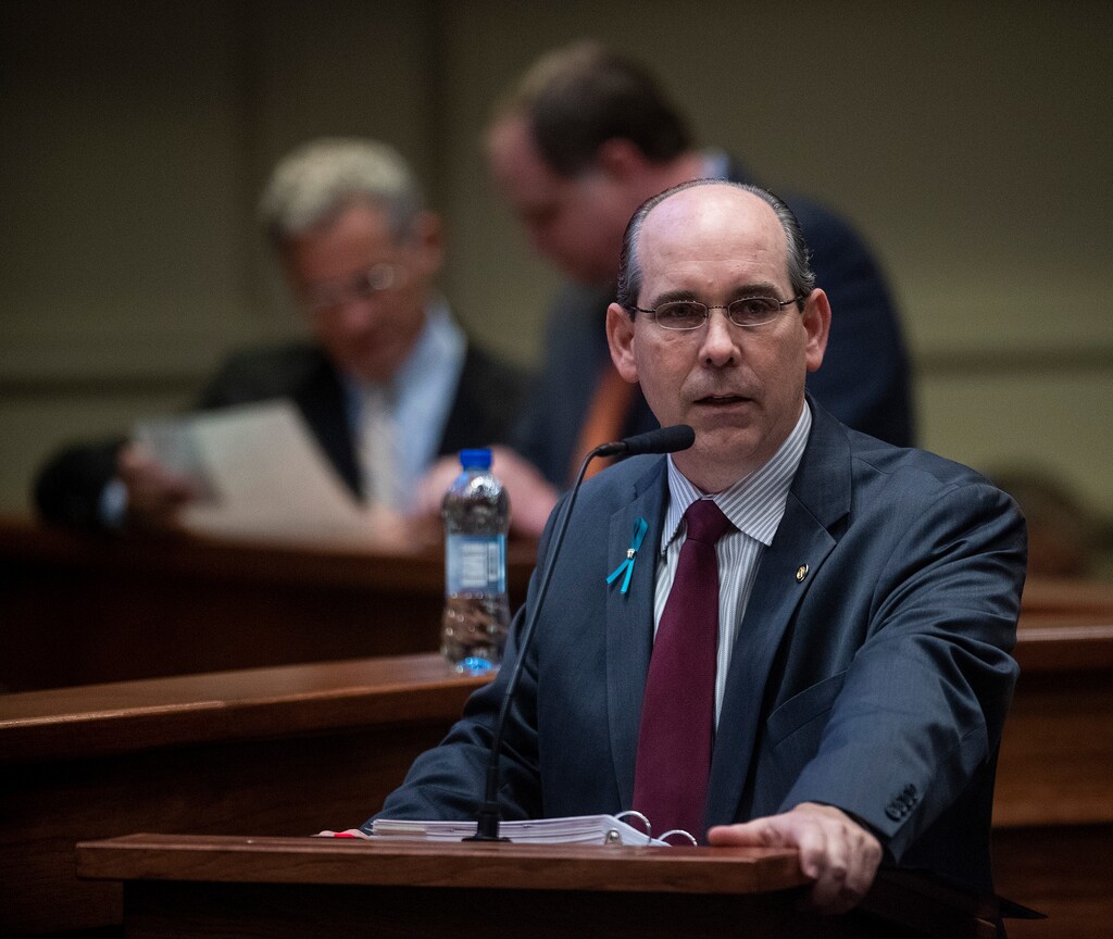 Sen. Clyde Chambliss speaks as debate on HB314, the near-total ban on abortion bill, is held in the senate chamber in the Alabama Statehouse in Montgomery, Ala., on Tuesday May 14, 2019. Alabama lawmakers are expected to vote on a proposal to outlaw almost all abortions in the state, a hardline measure that has splintered Republicans over its lack of an exception for pregnancies resulting from rape or incest. Rep. Collins is the sponsor of the bill. (Mickey Welsh/Montgomery Advertiser via AP)