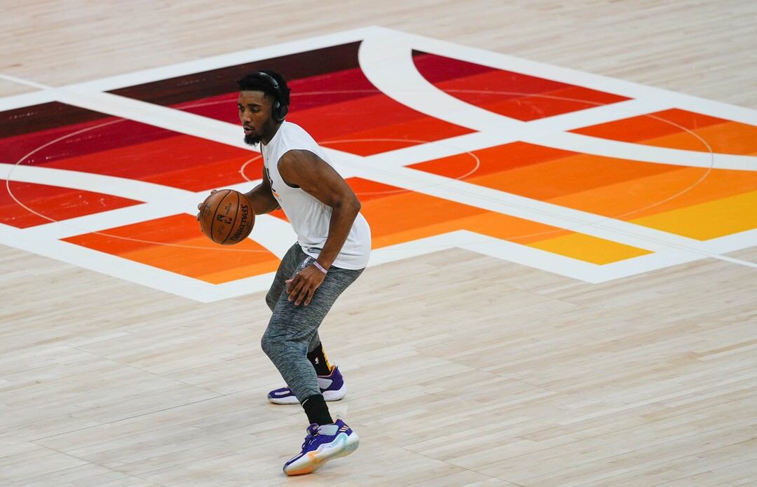 (Francisco Kjolseth | The Salt Lake Tribune) Utah Jazz guard Donovan Mitchell (45) warms up with the team before the start of Game 5 against the Memphis Grizzlies in their NBA basketball first-round playoff series Wednesday, June 2, 2021, in Salt Lake City, UT.