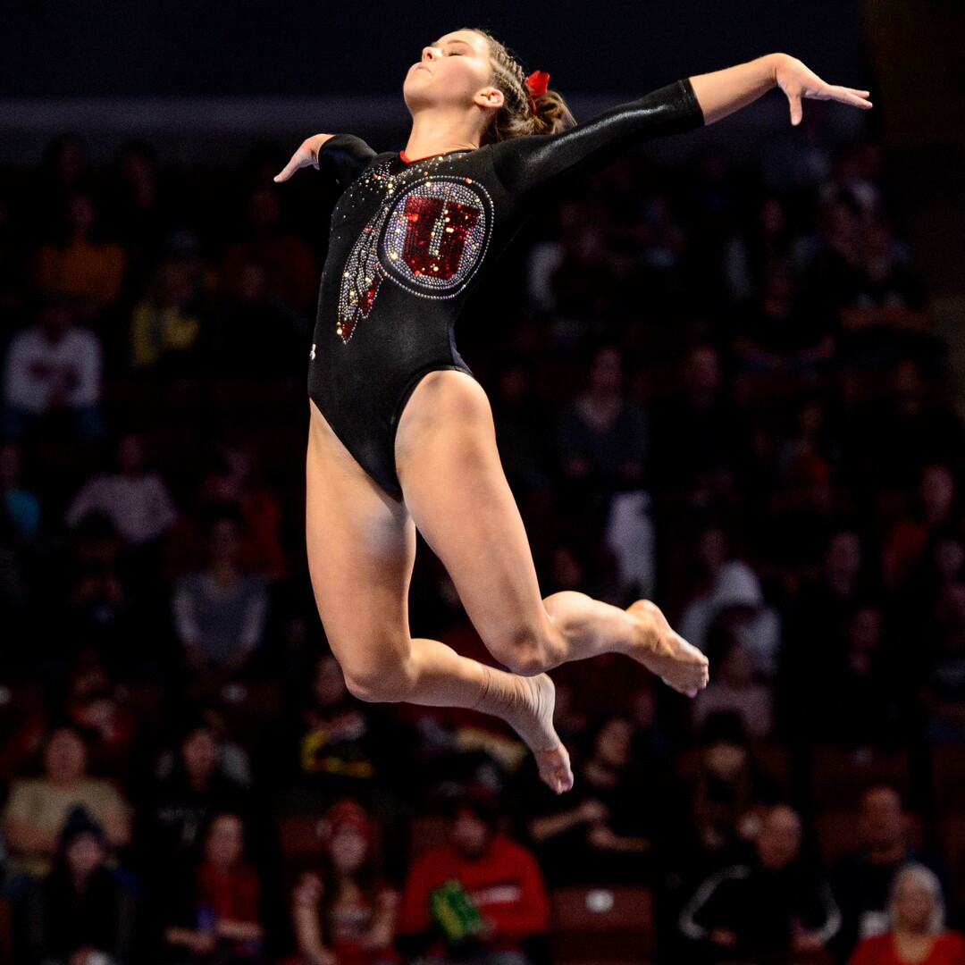 (Trent Nelson  |  The Salt Lake Tribune) Utah's Adrienne Randall on the beam at the Best of Utah NCAA Gymnastics Meet in West Valley City on Saturday, Jan. 11, 2020.