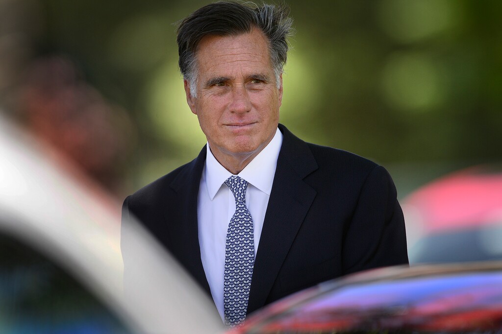 Scott Sommerdorf   |  The Salt Lake Tribune  Mitt Romney leaves the funeral services for former U.S. Senator Bob Bennett. Interment was at the Salt Lake City Cemetery, Saturday, May 14, 2016. 