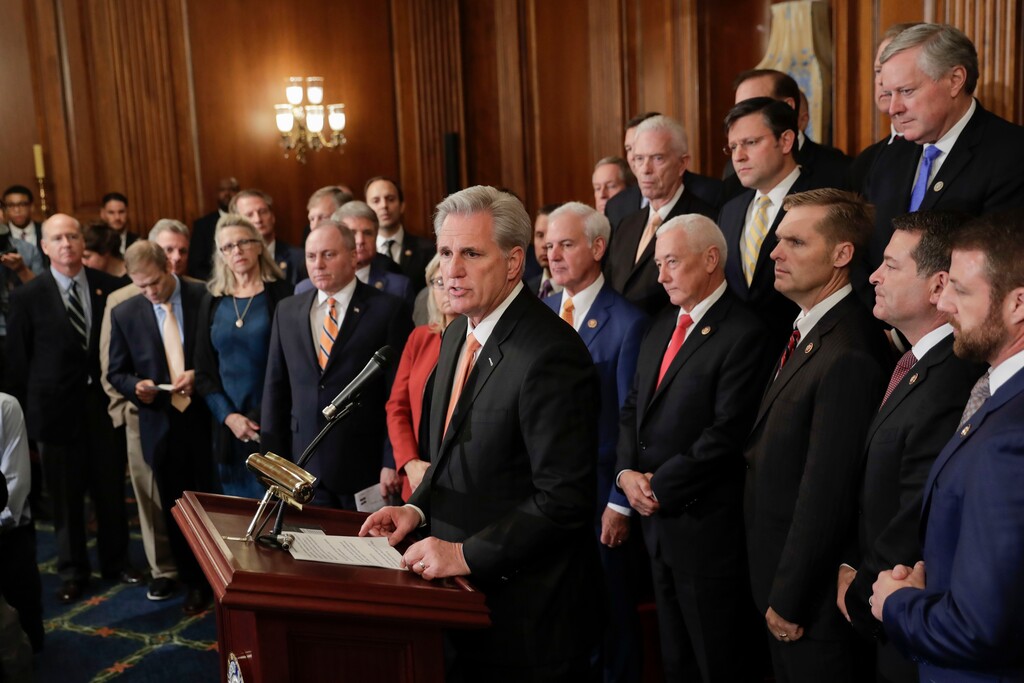 (Pablo Martinez Monsivais | AP file photo) House Minority Leader Kevin McCarthy of Calif., center, join by fellow Republican lawmakers speaks during a news conference on Capitol Hill in Washington, Thursday, Oct. 31, 2019. Democrats rammed a package of ground rules for their impeachment inquiry of President Donald Trump through a sharply divided House.