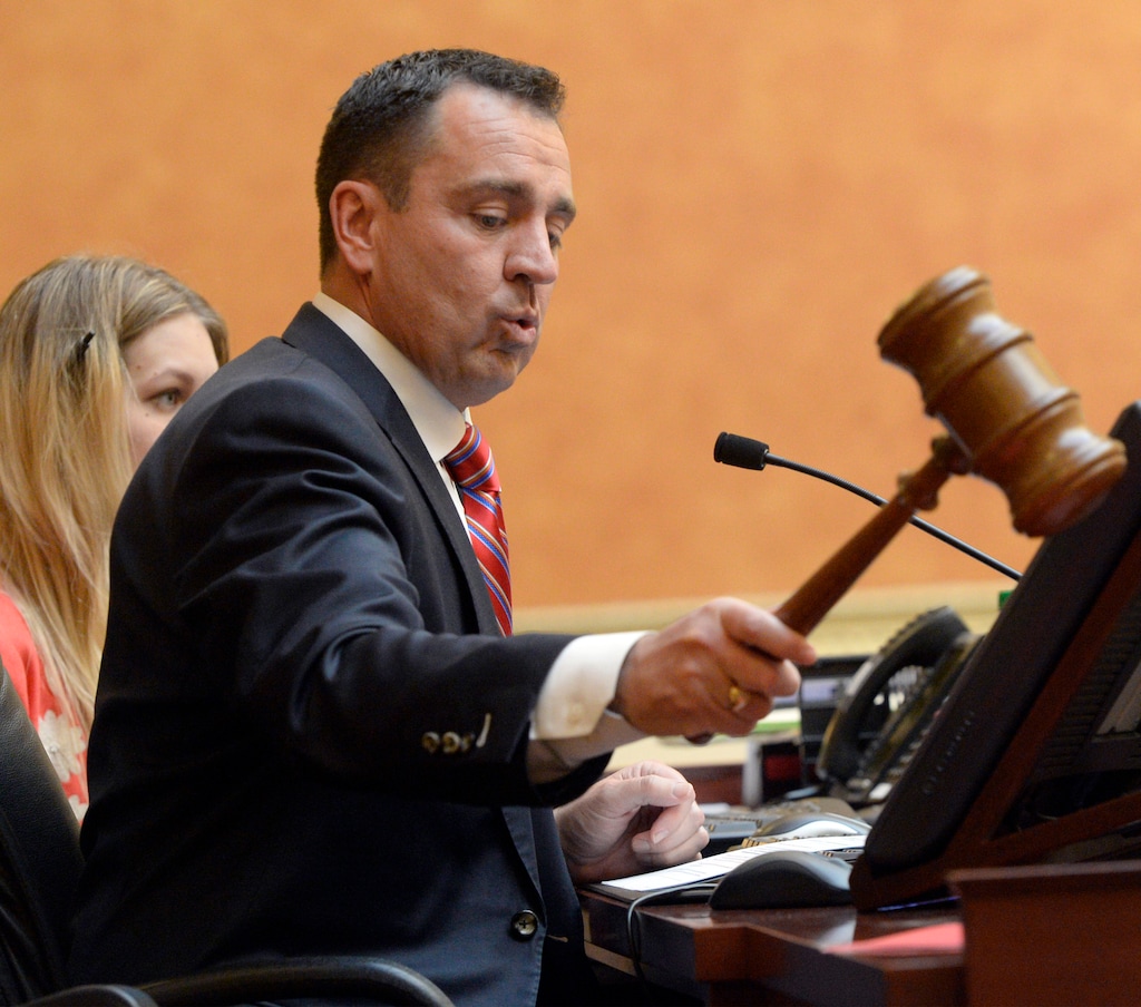 (Al Hartmann  |  The Salt Lake Tribune) New Speaker of the House Greg Hughes bangs gavel to bring members to order for annual State of the Judiciary address by Matthew Durrant, chief justice of the Utah Supreme Court .