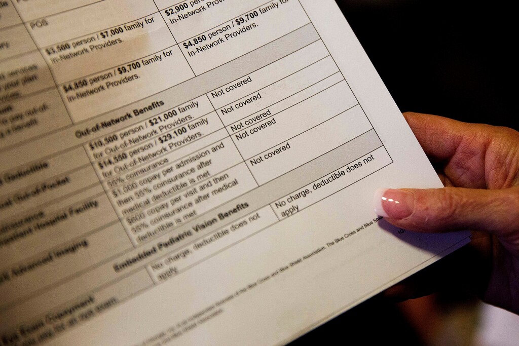 (David Goldman | AP file photo) In this Dec. 4, 2017 photo, a person looks over a health insurance benefit comparison chart in Georgia. The new year often starts harshly for people with high-deductible health insurance. Many of those deductibles reset Jan. 1, forcing patients to pay thousands of dollars for care before most coverage starts.